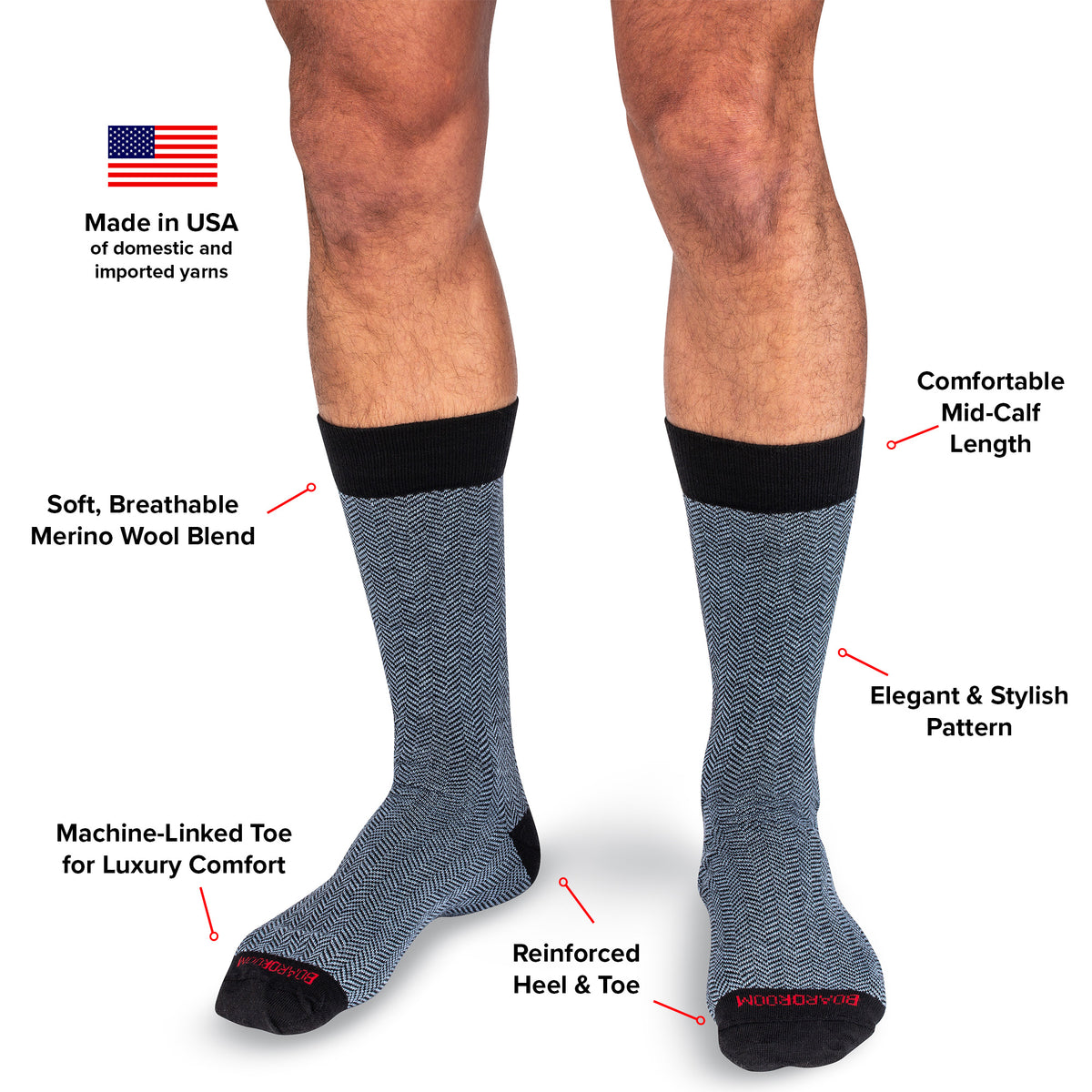 infographic detailing features and benefits of black and light blue herringbone dress socks