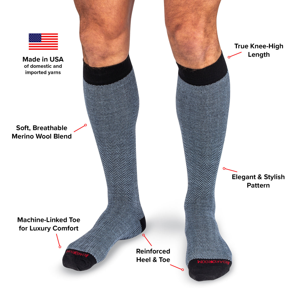 infographic detailing features and benefits of light blue and black herringbone over the calf dress socks