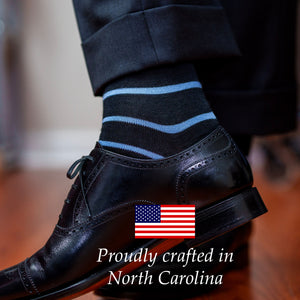 black and light blue striped dress socks made in the USA