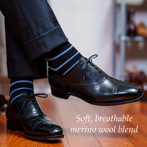 black and light blue striped dress socks paired with black oxfords