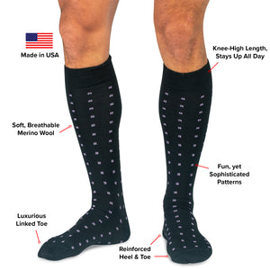 infographic detailing the unique features and benefits of Boardroom Socks' over the calf dress socks