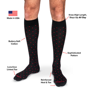 infographic detailing black cotton over the calf dress socks decorated with red polka dots