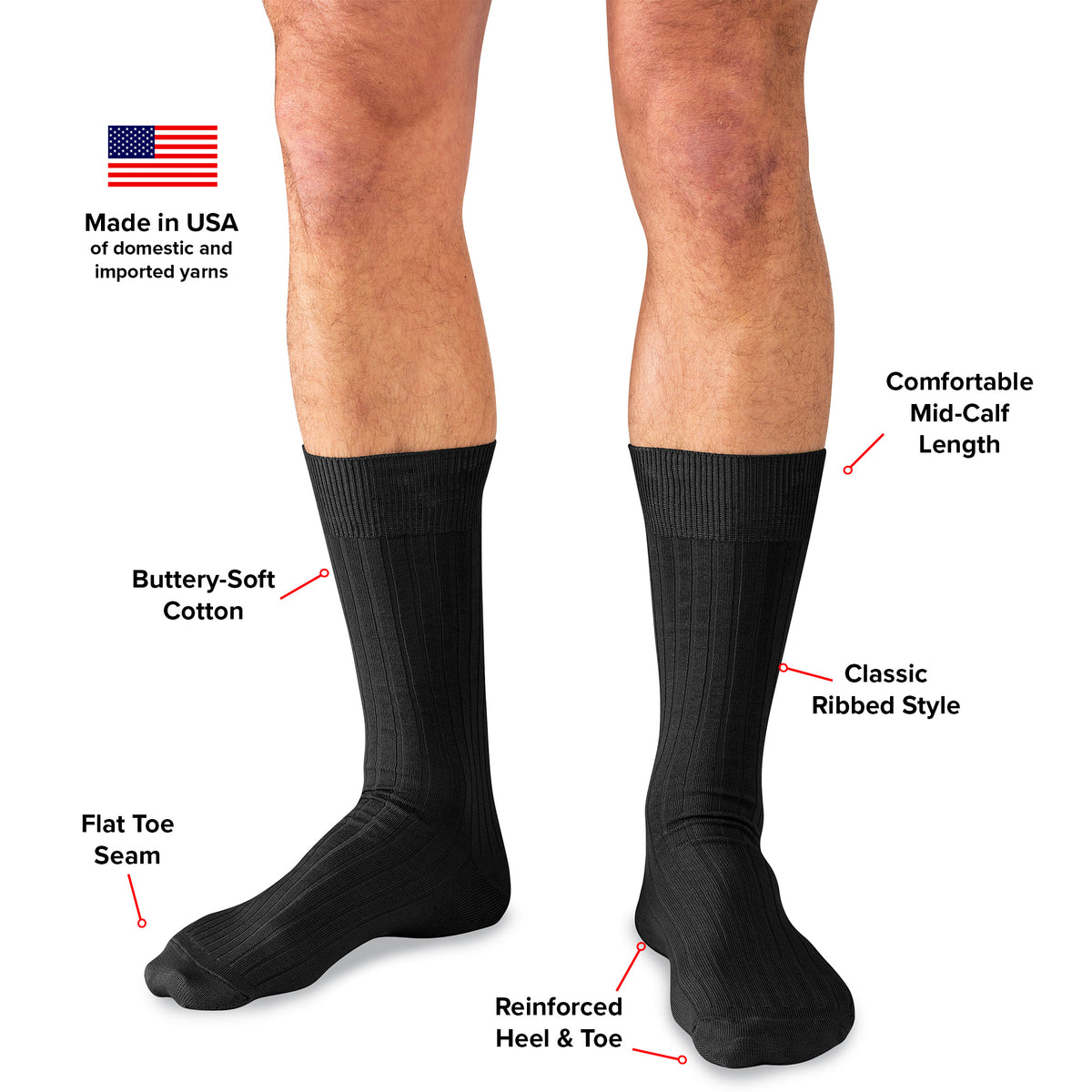 infographic detailing features and benefits of black cotton mid-calf dress socks from Boardroom Socks