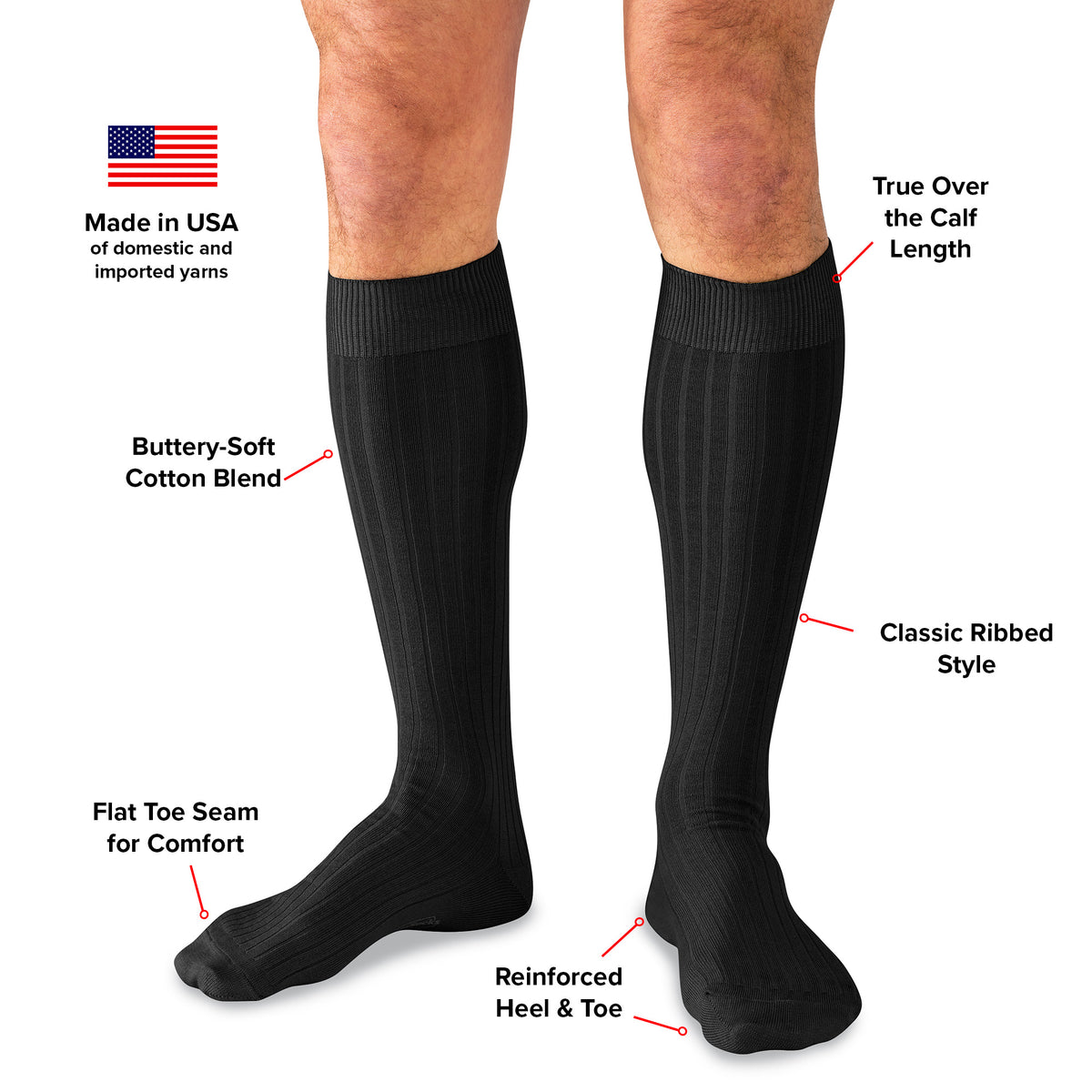 infographic detailing features and benefits of black cotton over the calf dress socks from Boardroom Socks