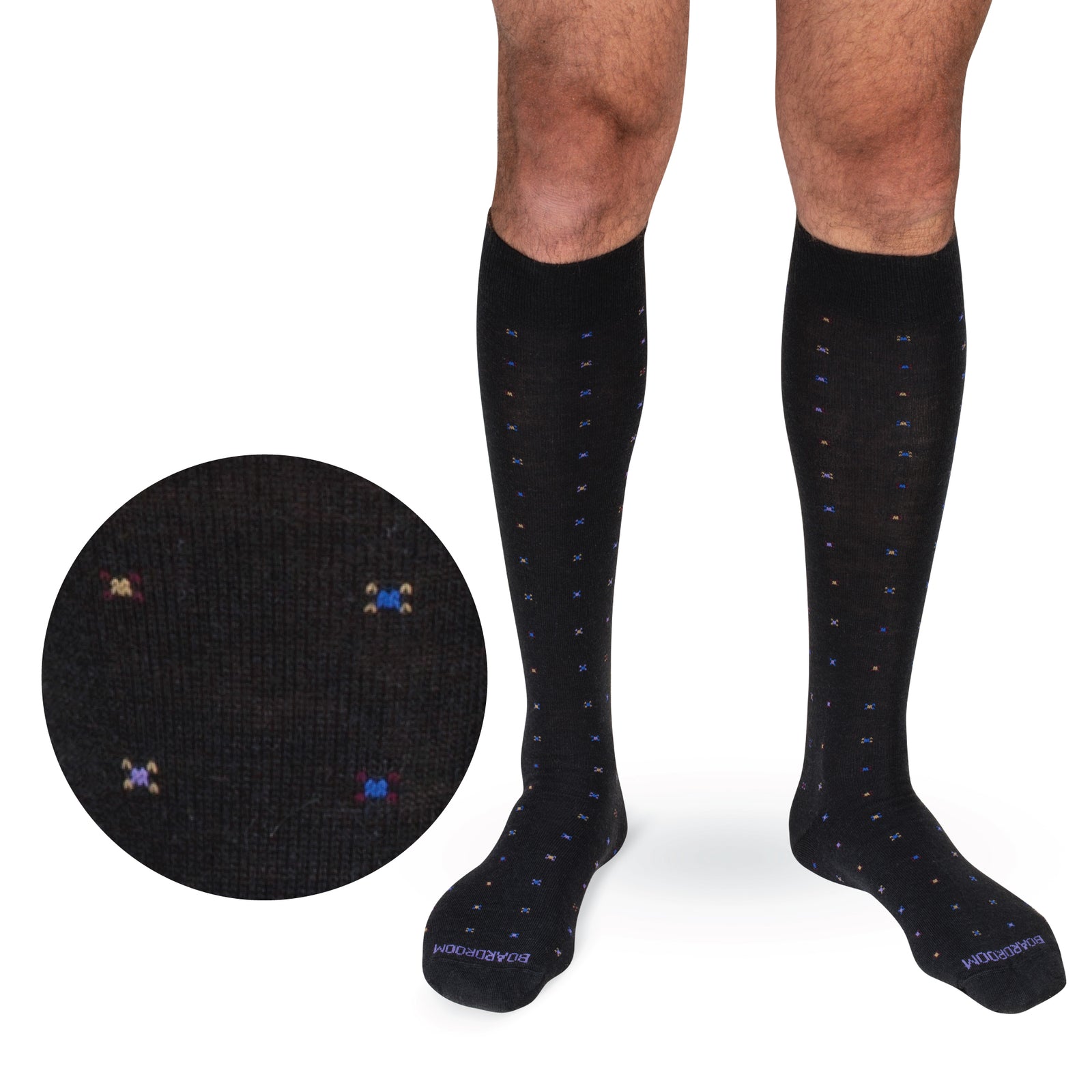 model wearing Black Geometric Merino Wool Over the Calf Dress Socks on white background
