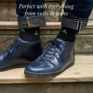 skull and bones black dress socks with jeans and blue leather sneakers