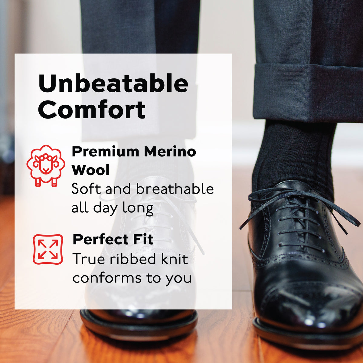 man wearing nice clothes, shoes and black over the calf merino wool socks