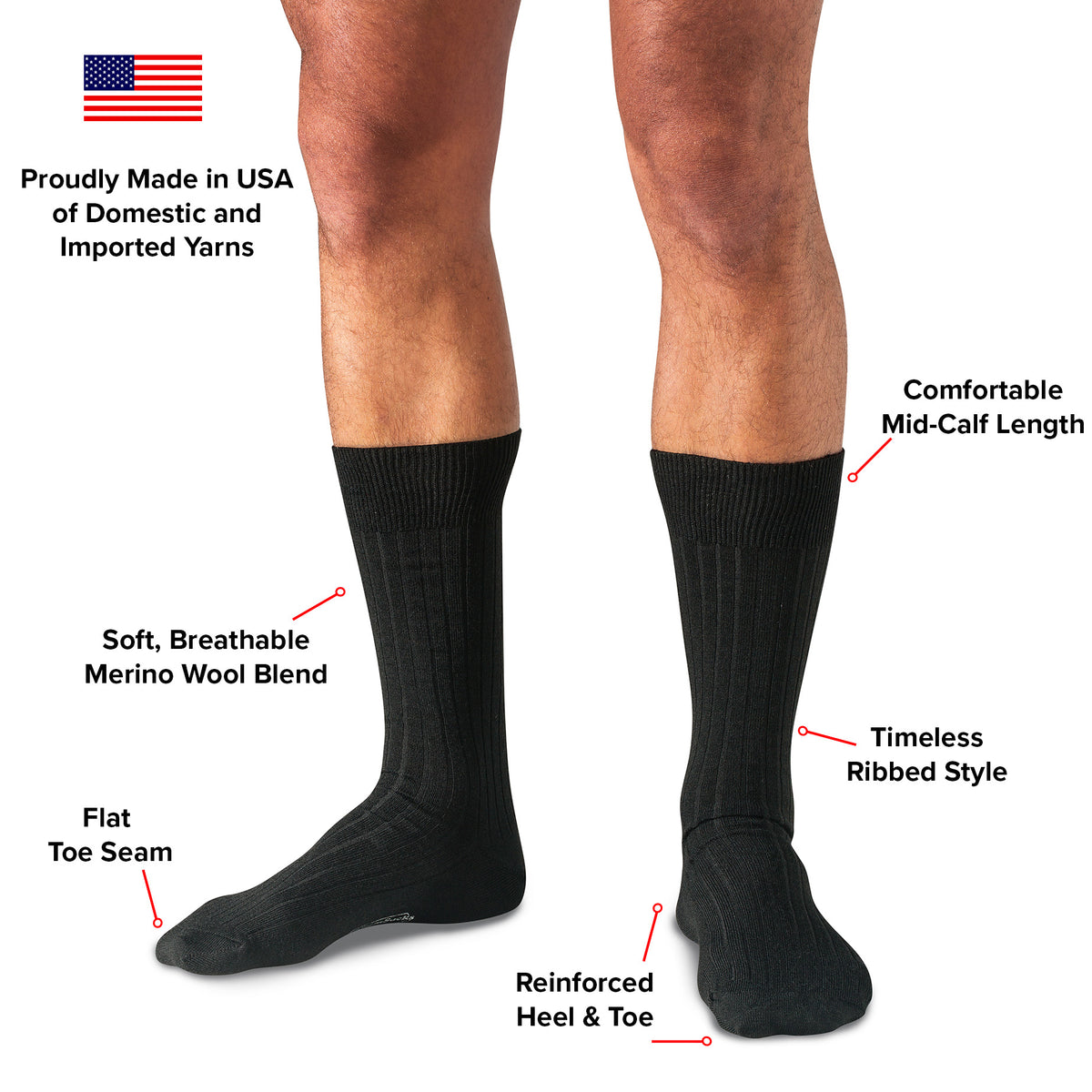 infographic detailing features and benefits of black wool dress socks from Boardroom Socks
