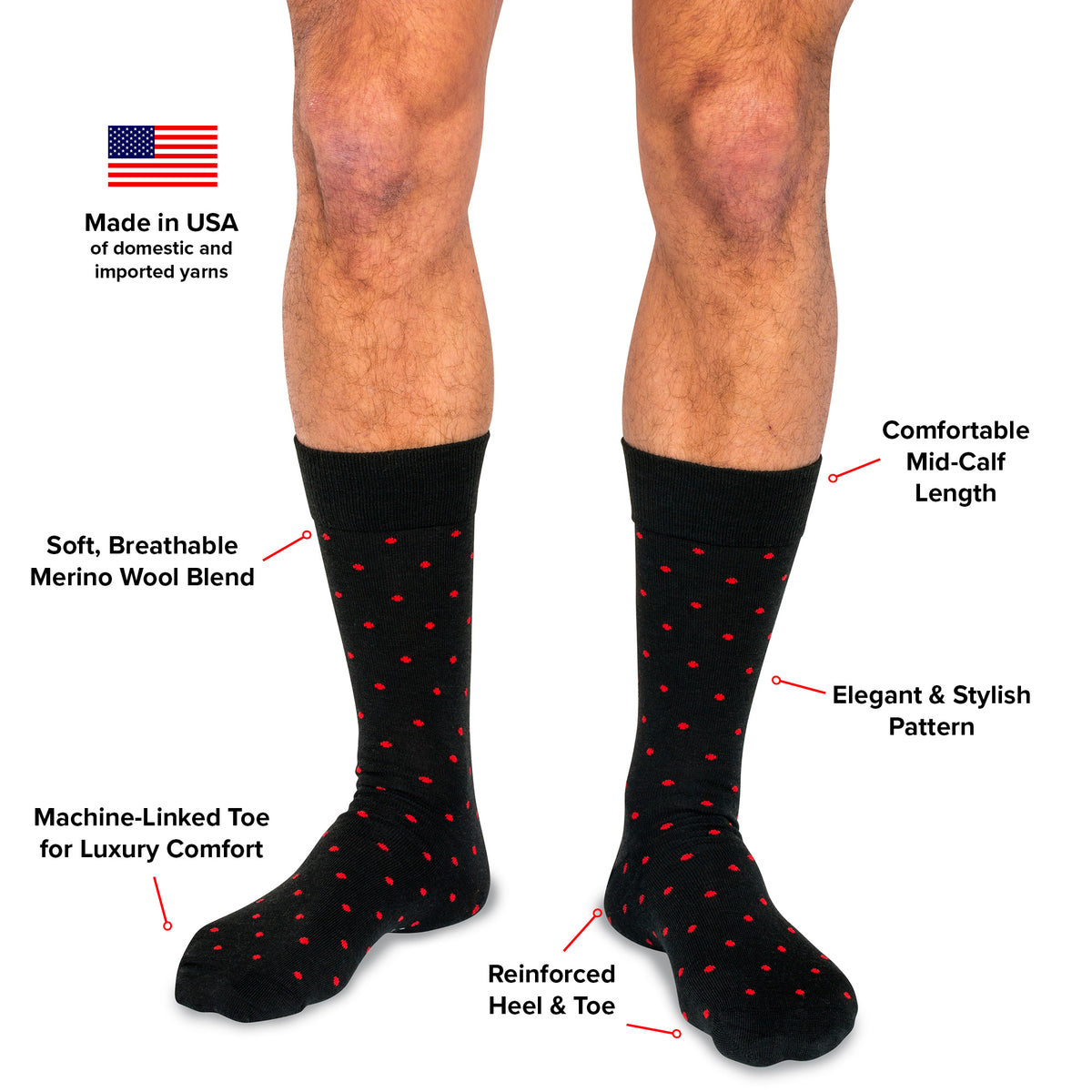 infographic detailing features and benefits of patterned black merino wool dress socks from Boardroom Socks