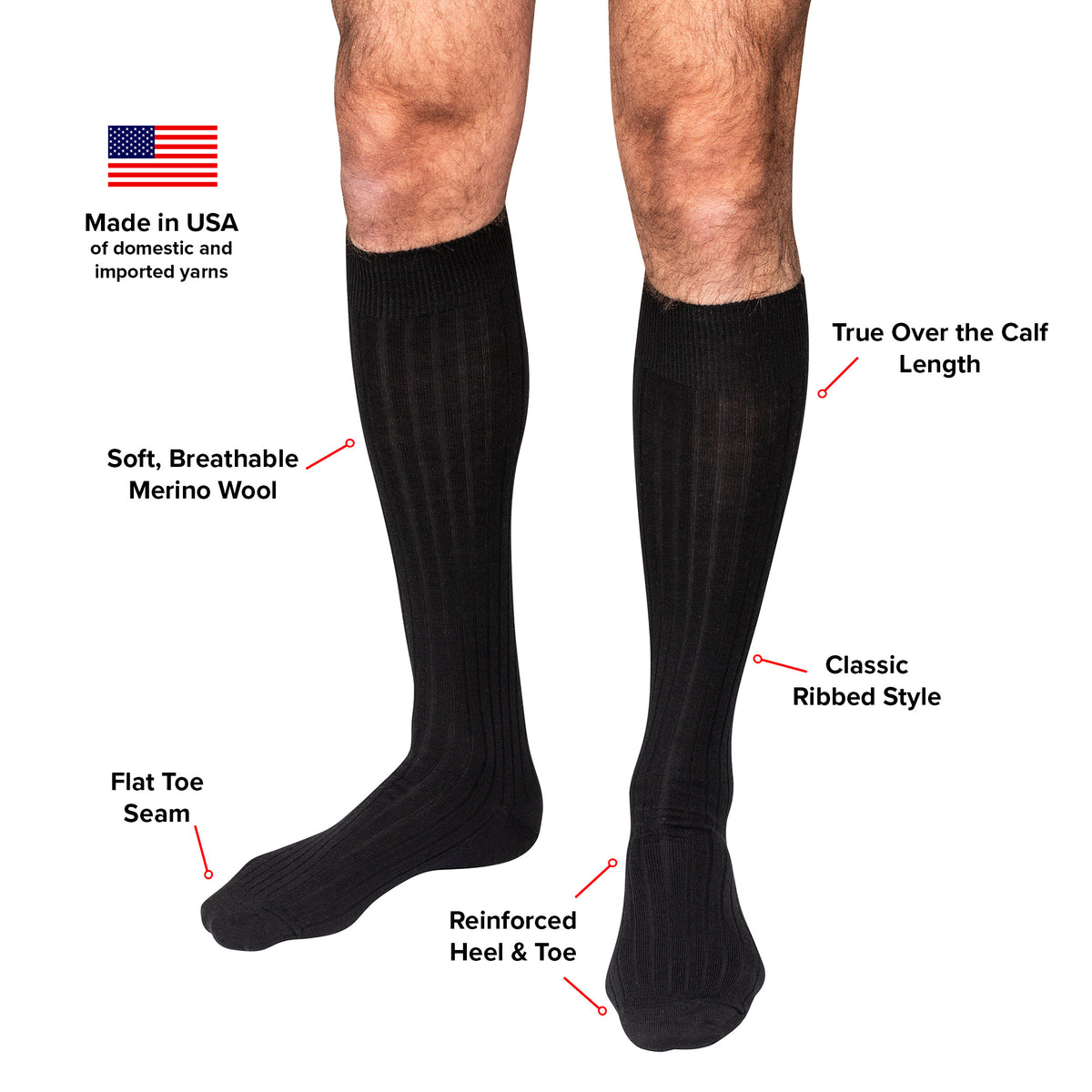 infographic detailing features and benefits of black wool over the calf dress socks from Boardroom Socks
