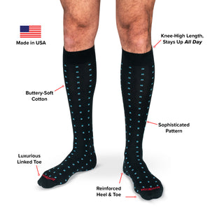 infographic detailing features and benefits of black and blue patterned over the calf dress socks