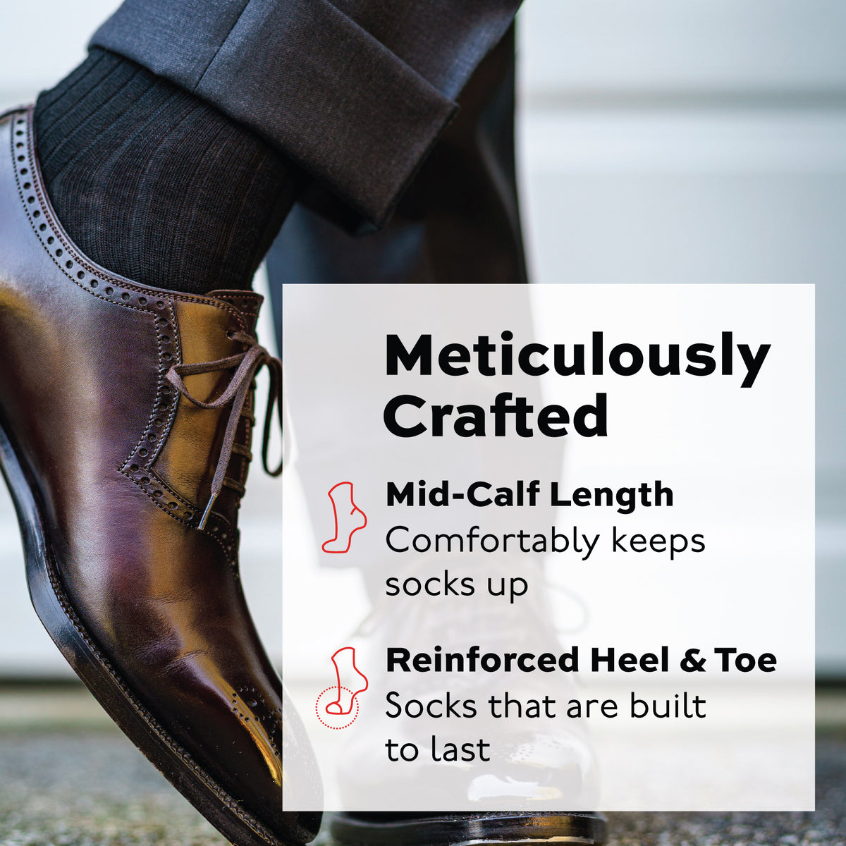 black merino wool dress sock worn with nice shoes and a meticulously crafted infographic overlay
