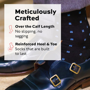 model wearing blue Square Knots on Black Merino Wool Over the Calf Dress Socks and dress shoes