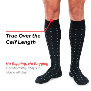 model wearing blue Square Knots on Black Merino Wool Over the Calf Dress Socks with true over the calf call out text overlay