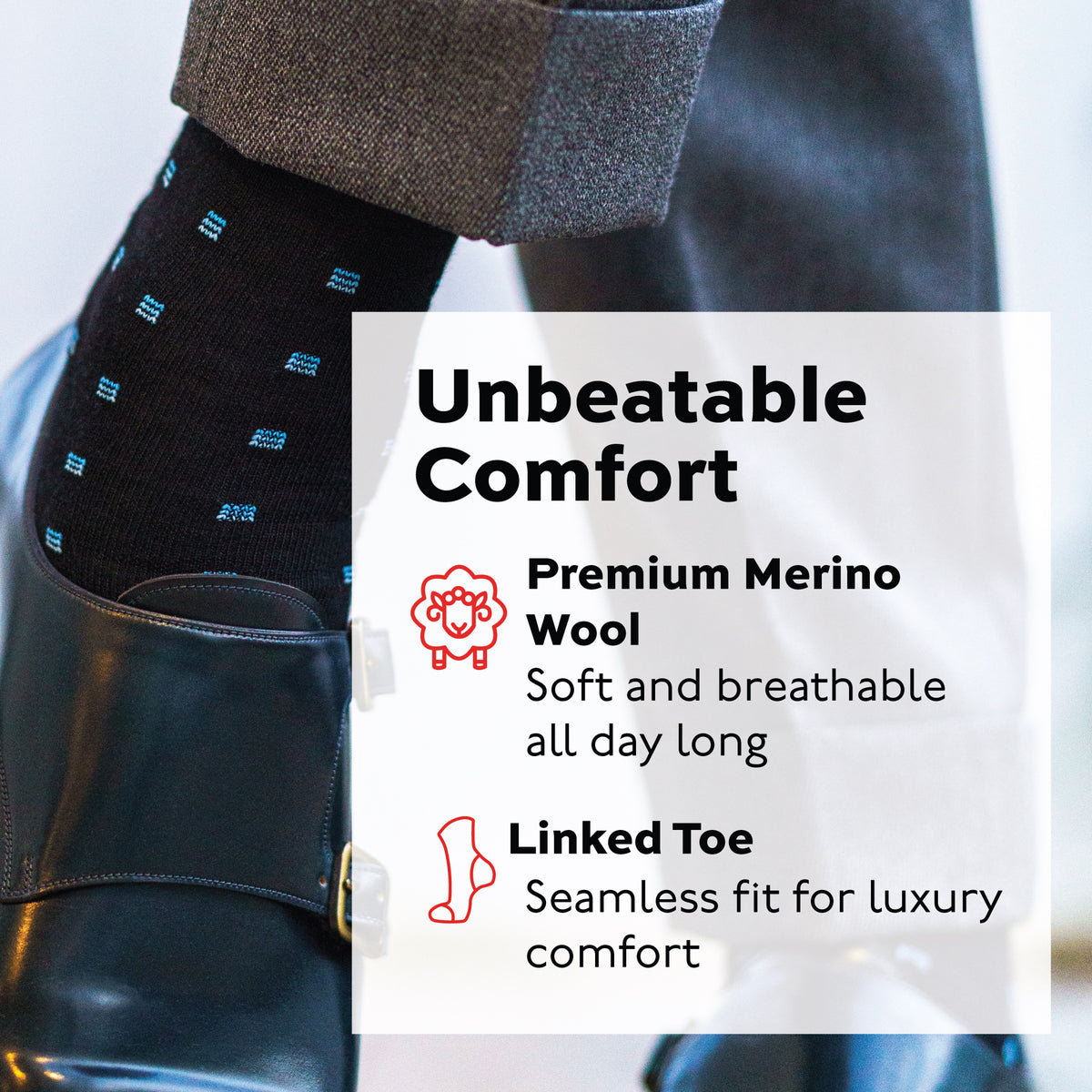 left foot of person wearing blue Square Knots on Black Merino Wool Over the Calf Dress Socks with dress shoes