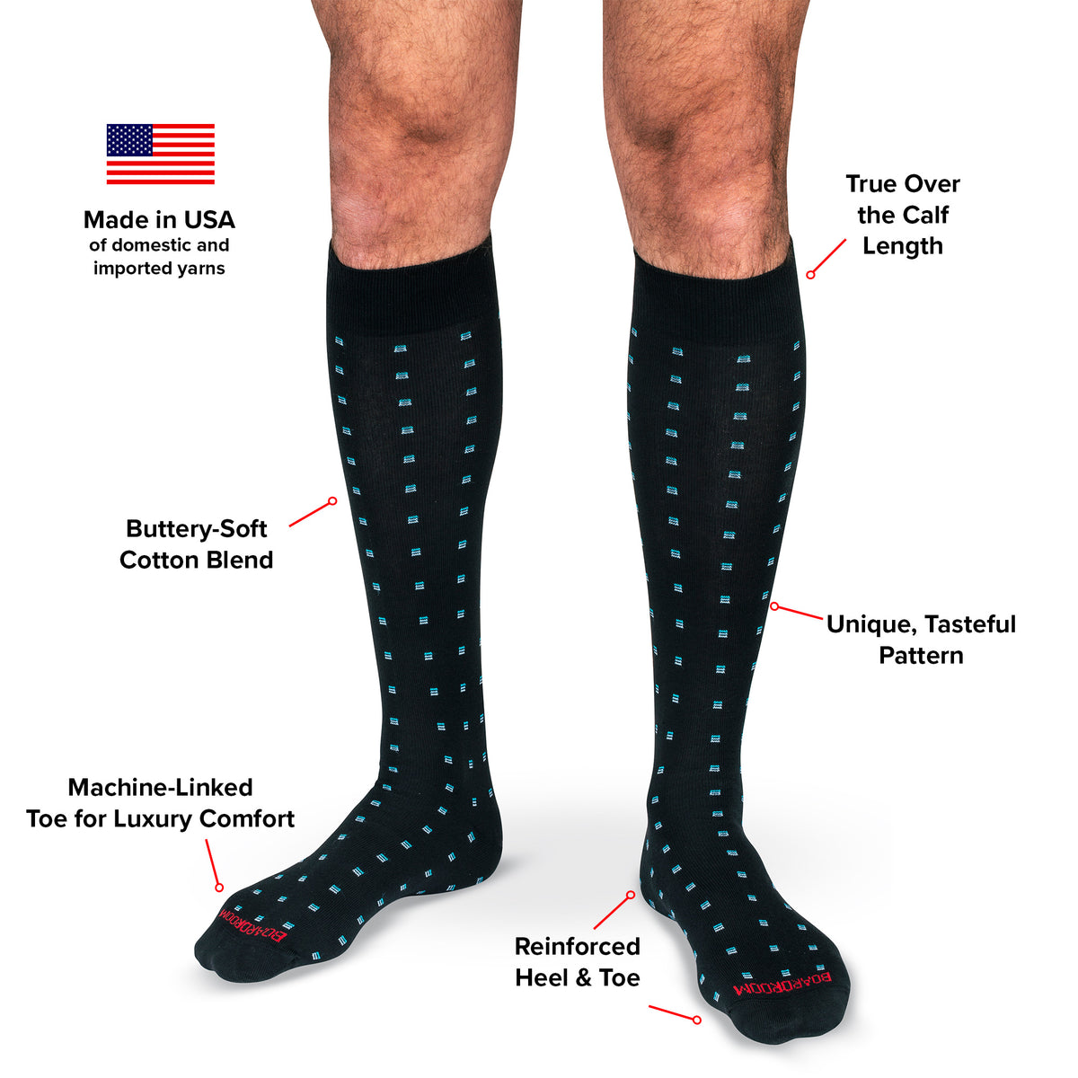 infographic detailing features and benefits of black cotton over the calf dress socks decorated with blue square knots