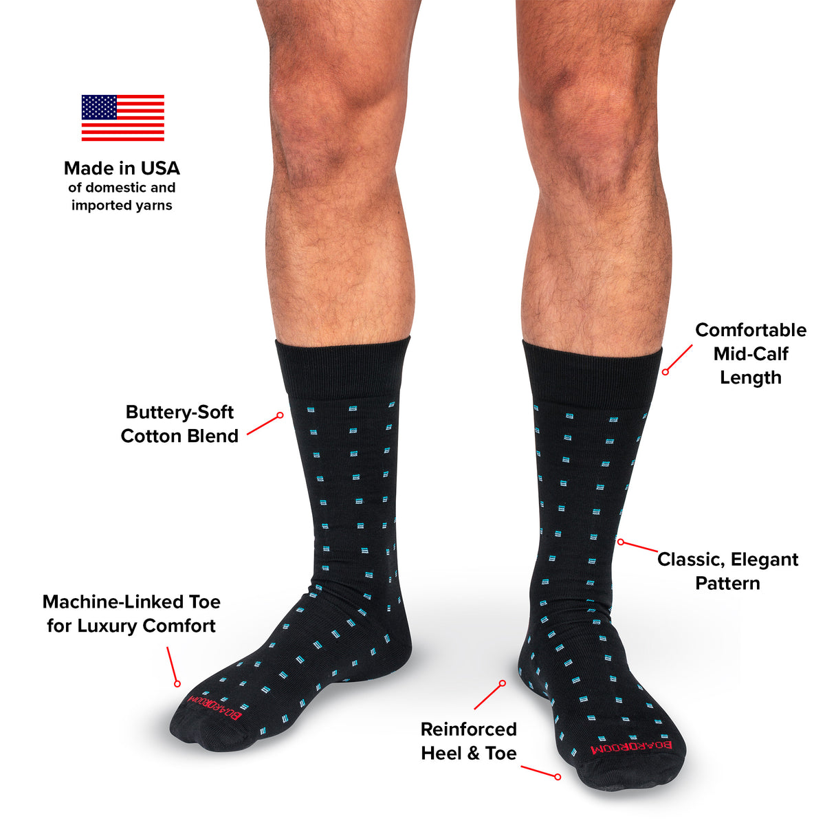 infographic detailing features and benefits of black cotton patterned dress socks from Boardroom Socks