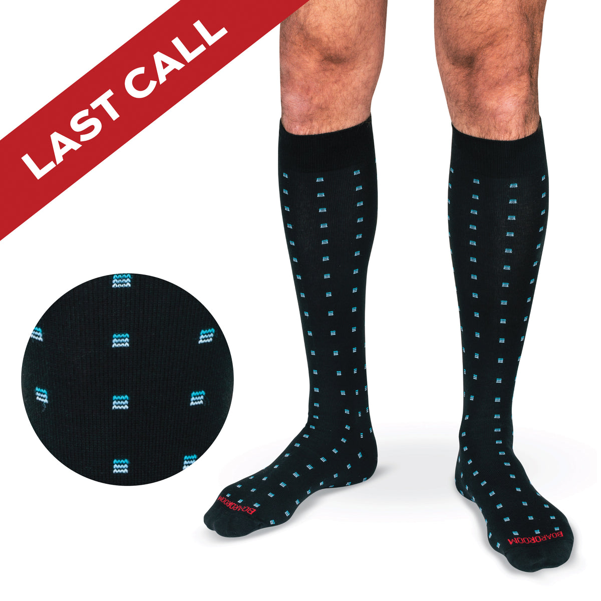 blue square knot patterned socks with last call banner overlay