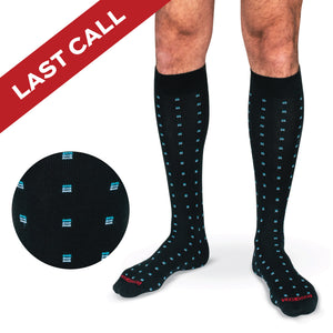 blue square knot patterned socks with last call banner overlay