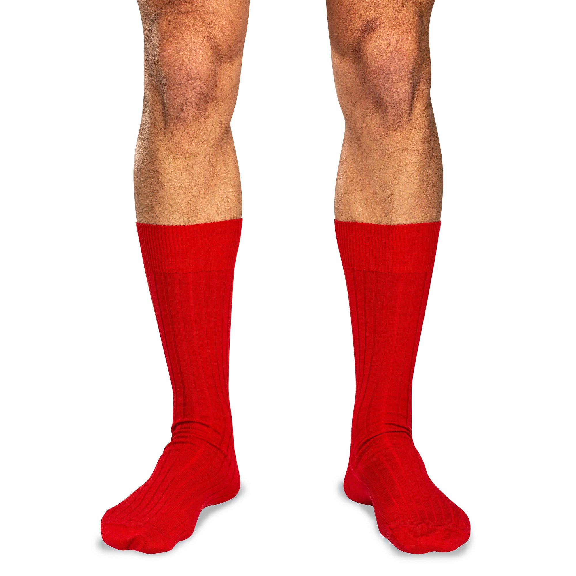 model wearing bright red men's dress socks