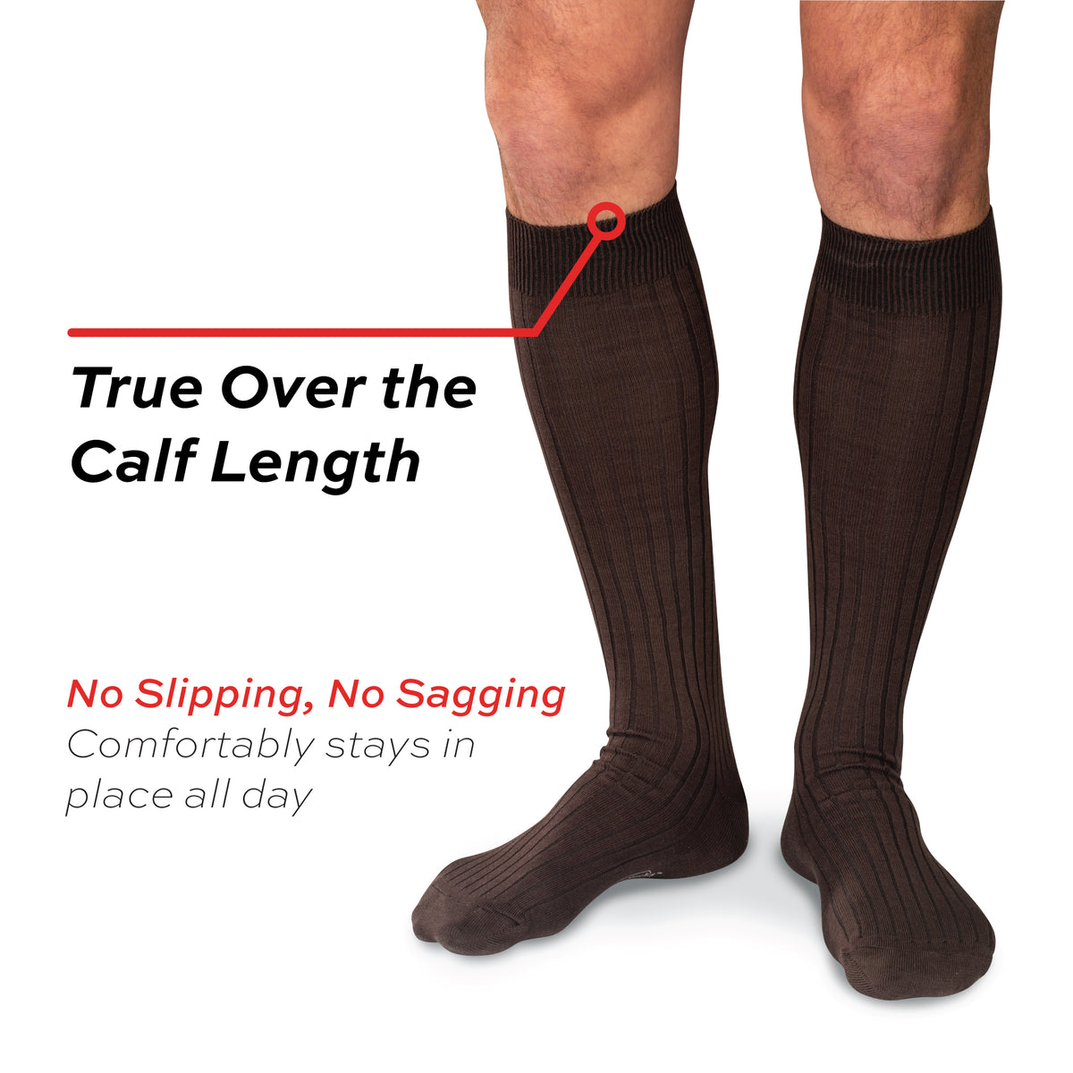 model wearing Brown Cotton Over the Calf Dress Socks on a white background with a text overlay