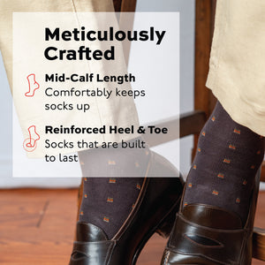 image of brown patterned dress socks worn with chinos and loafers and text overlay about craftsmanship