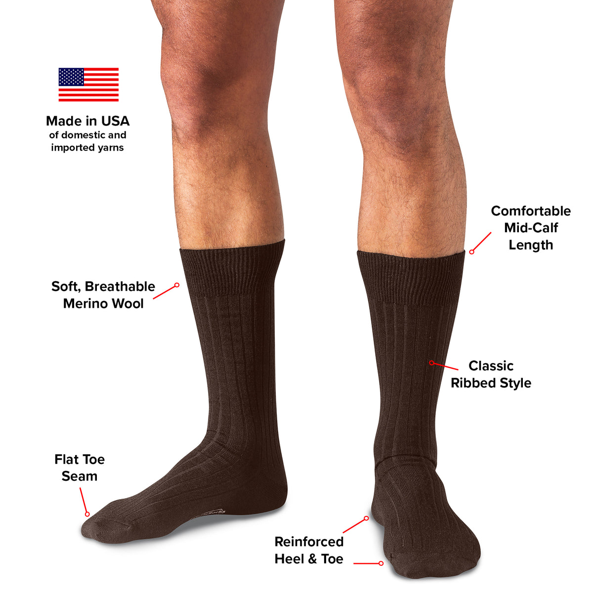infographic detailing features and benefits of brown merino wool dress socks from Boardroom Socks