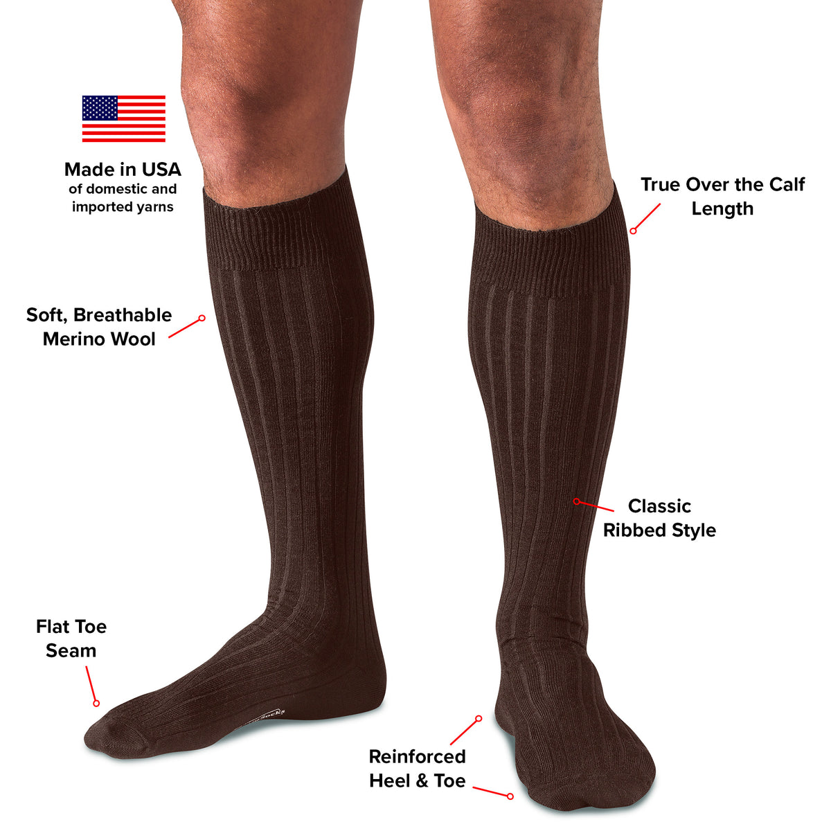 infographic detailing features and benefits of brown merino wool dress socks from Boardroom Socks