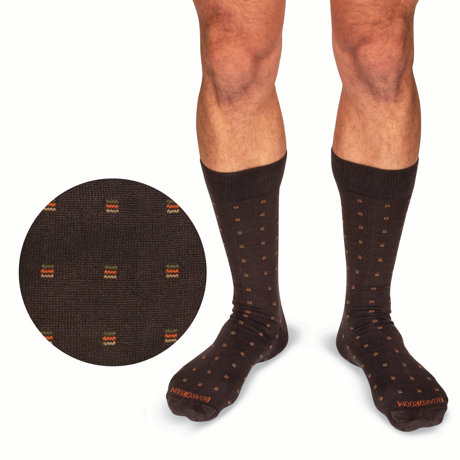 model wearing mid calf brown patterned cotton dress socks