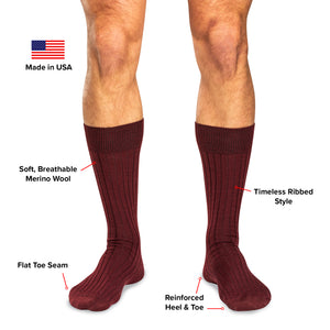 infographic detailing features and benefits of Boardroom Socks' burgundy wool dress socks