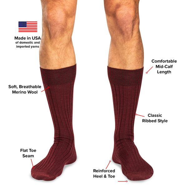 Burgundy Merino Wool Mid Calf Dress Socks