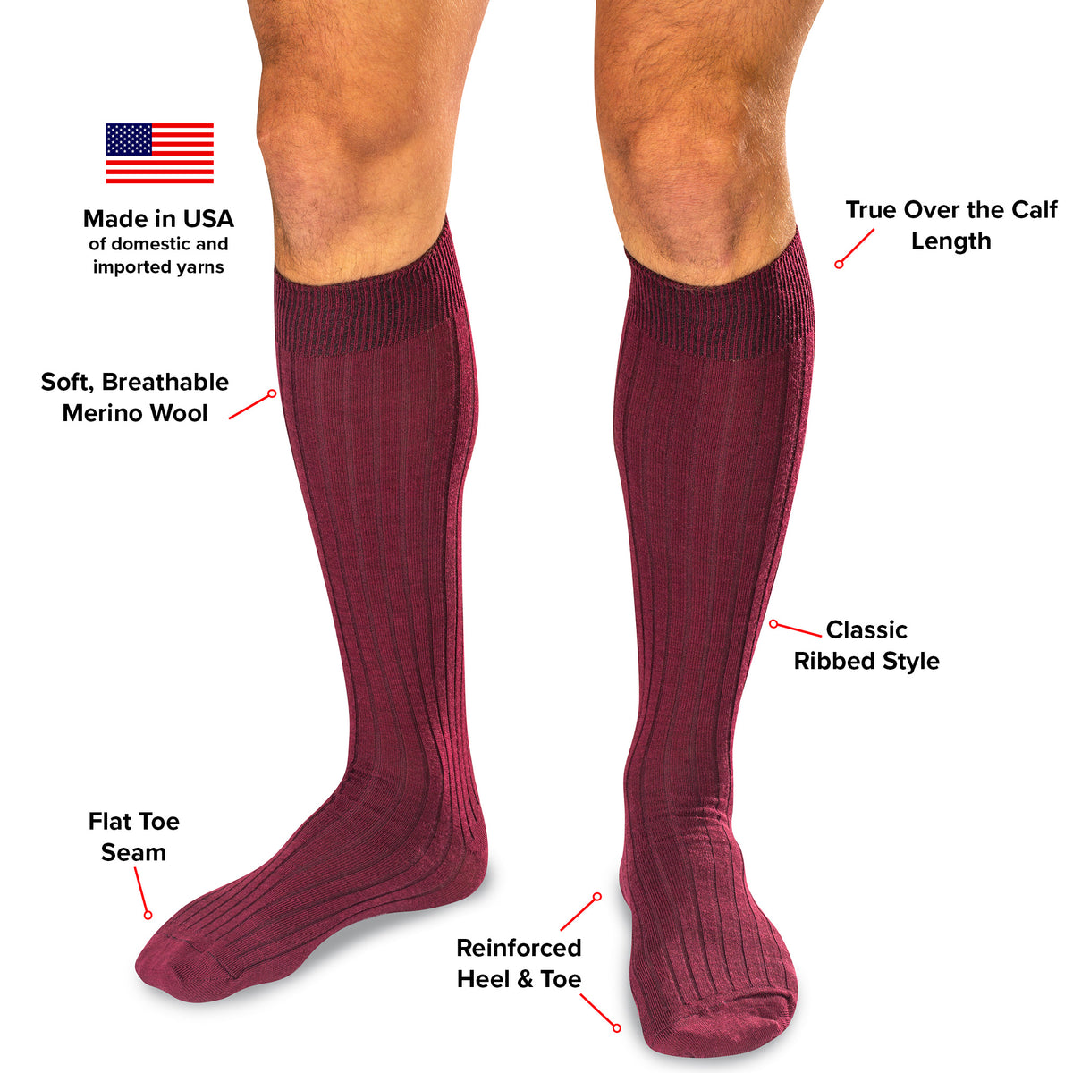 infographic detailing features and benefits of burgundy merino wool over the calf dress socks from Boardroom Socks