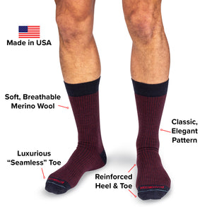 infographic detailing features and benefits of burgundy and navy houndstooth dress socks