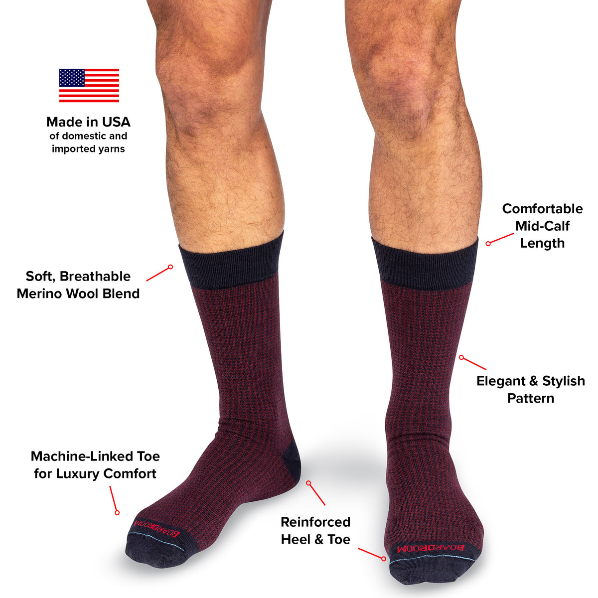 infographic detailing features and benefits of burgundy and navy houndstooth dress socks