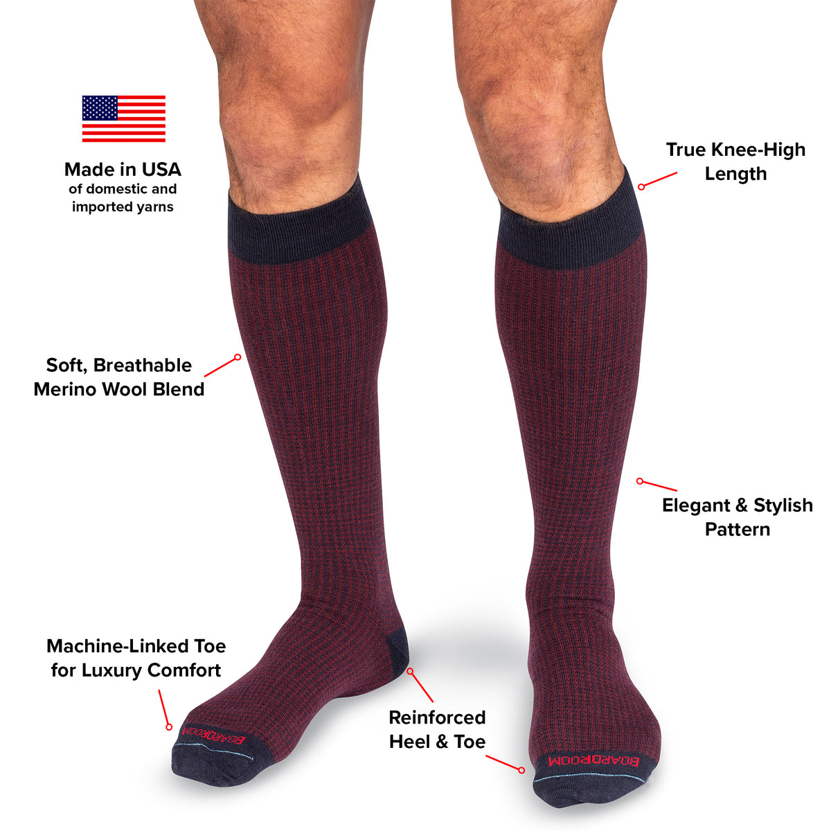 infographic detailing burgundy and navy houndstooth over the calf dress socks