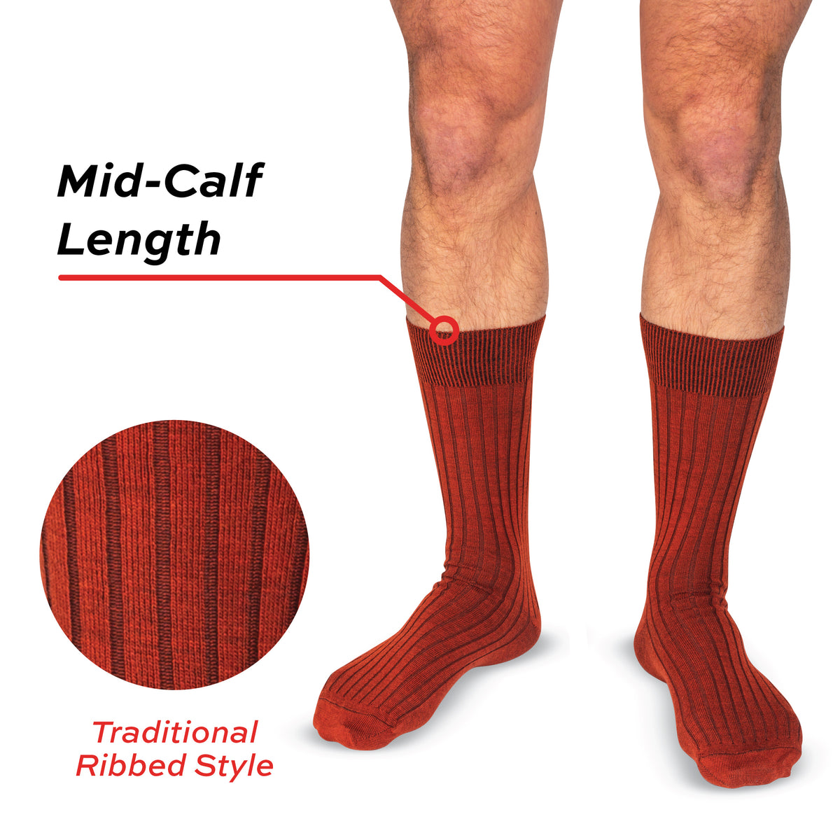 model wearing Burnt Orange Merino Wool Mid Calf Dress Socks on a white background with traditional ribbed style text overlay