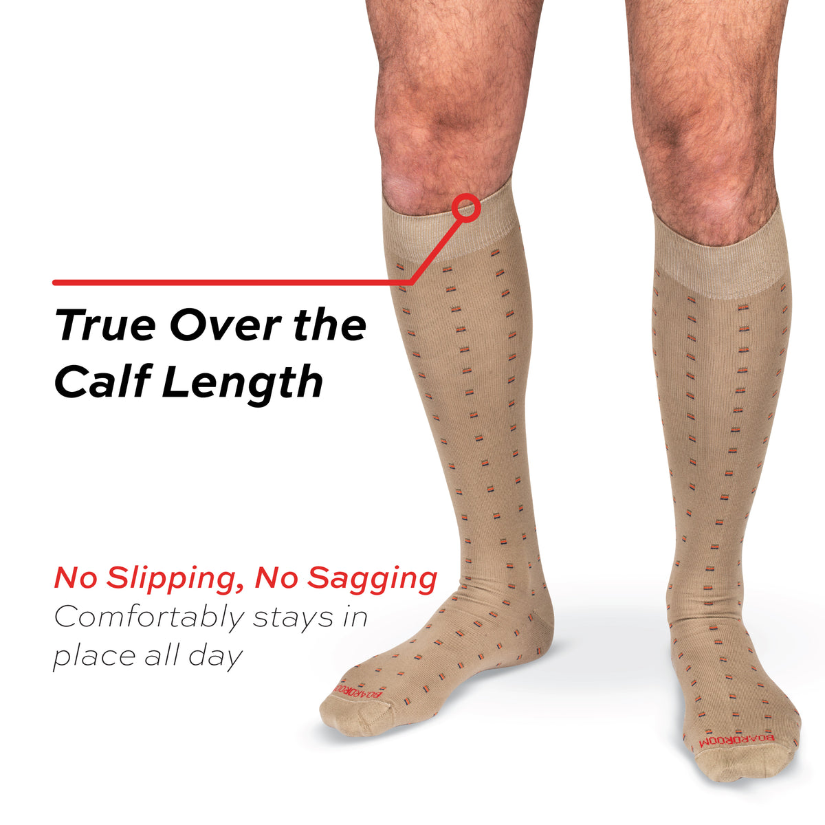 model waring over the calf length men's khaki dress socks with a square knot pattern with no slipping no sagging text overlay