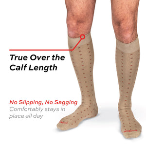 model waring over the calf length men's khaki dress socks with a square knot pattern with no slipping no sagging text overlay