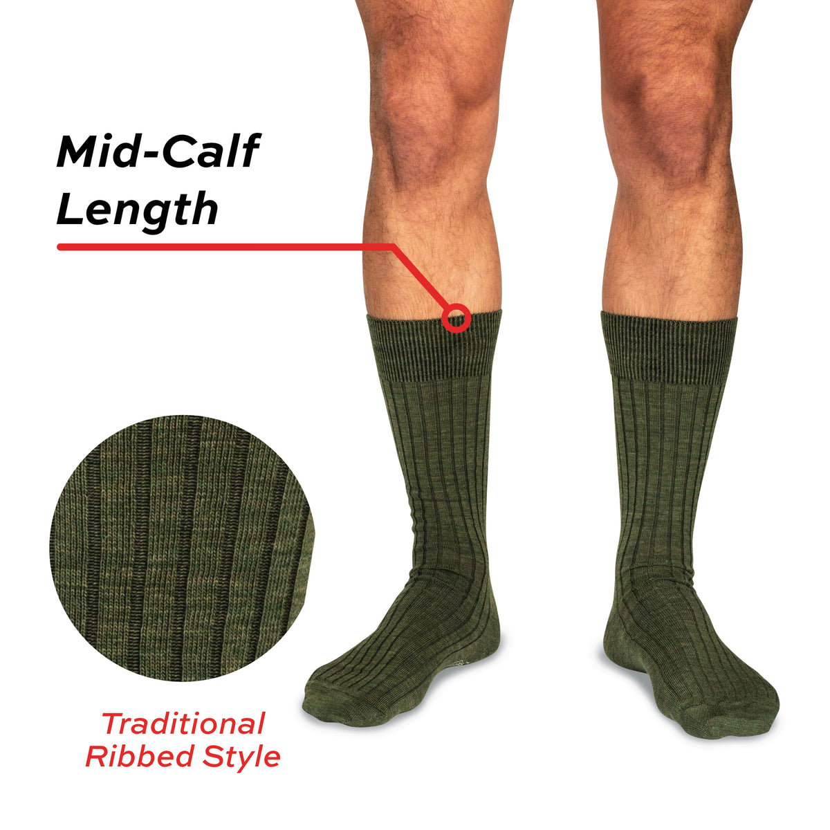 model's legs on a white background wearing olive mid-calf traditional style ribbed wool mens dress socks