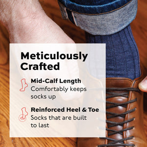 crafted Infographic  over an image of a model wearing denim dress socks tying his shoe