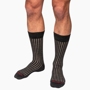 charcoal and tan merino wool shadow stripe dress socks on model