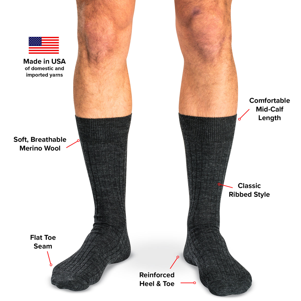 infographic detailing features and benefits of charcoal wool dress socks from Boardroom Socks