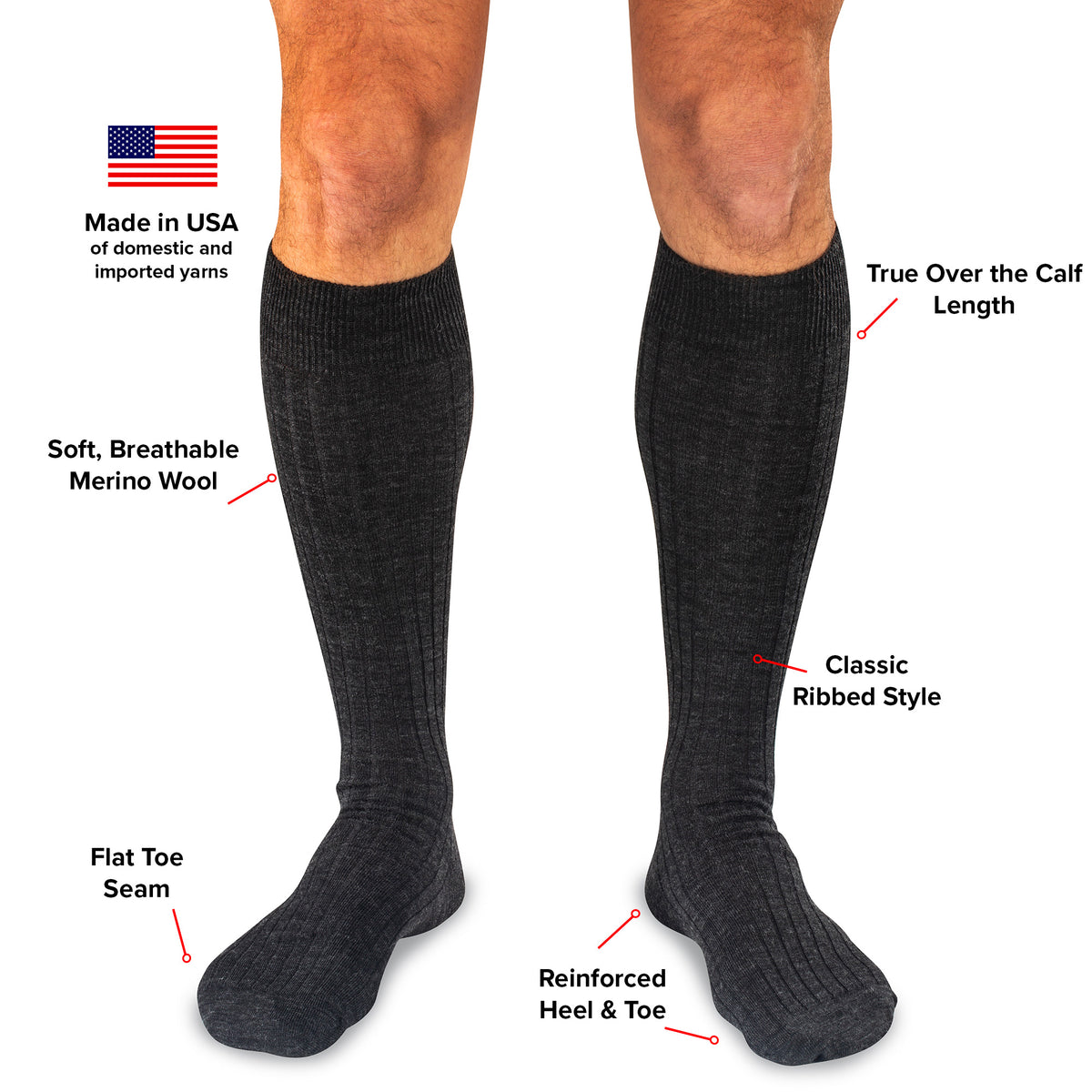 infographic detailing features and benefits of charcoal grey merino wool over the calf dress socks from Boardroom Socks
