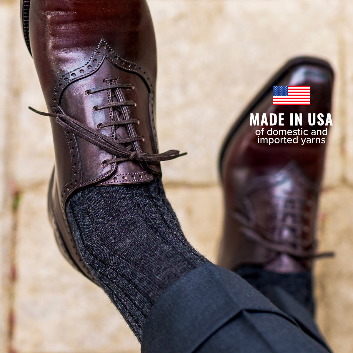 dark charcoal grey ribbed dress socks with burgundy oxfords and grey slacks