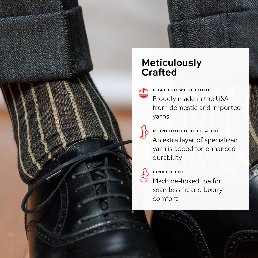 infographic detailing features and benefits of charcoal grey shadow stripe dress socks from Boardroom Socks