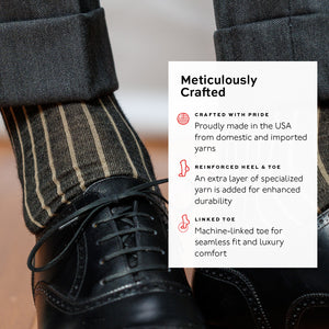 infographic detailing features and benefits of charcoal grey shadow stripe dress socks from Boardroom Socks