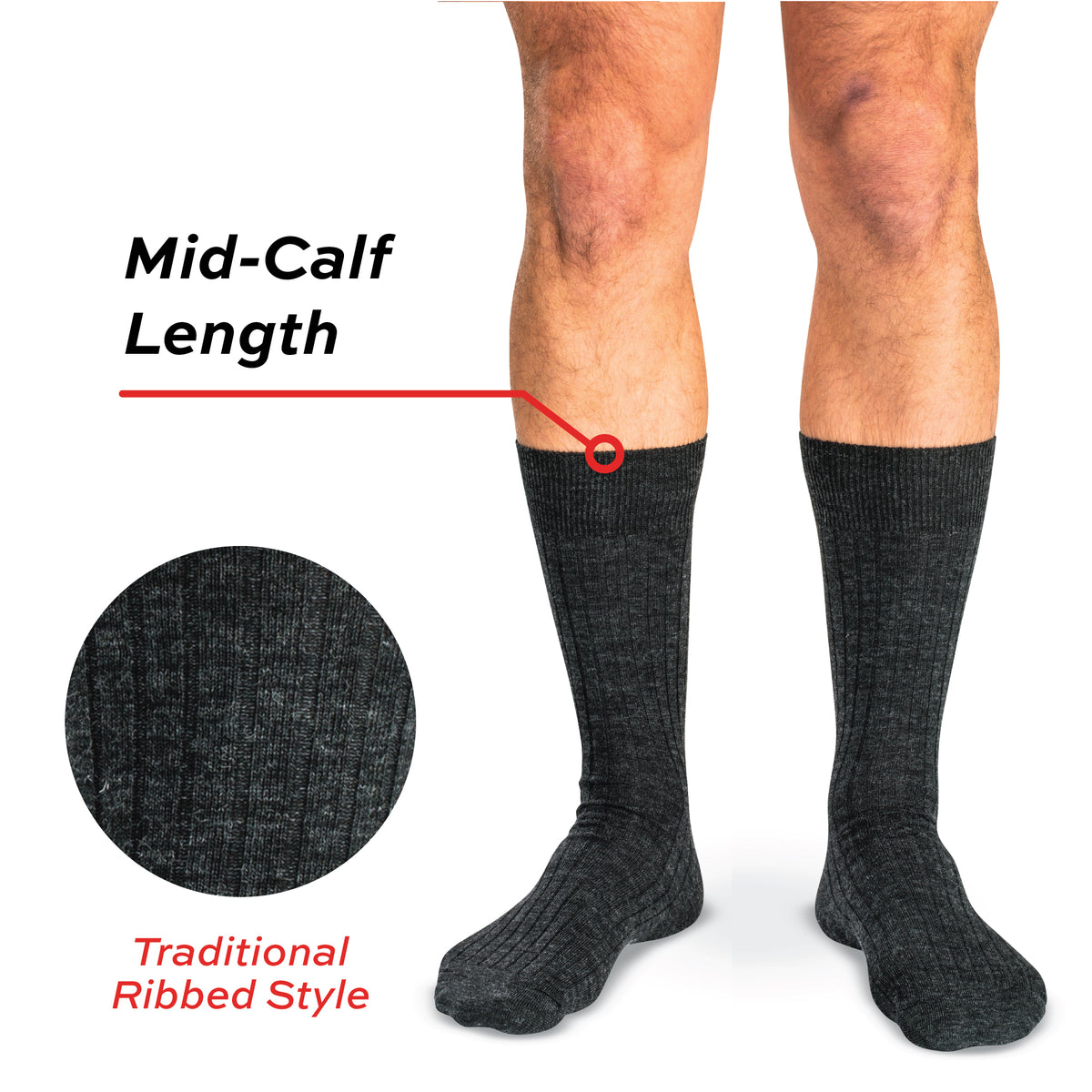 model image of man wearing mid calf charcoal wool dress socks with traditional ribbed style call out