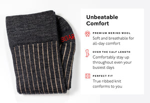 infographic detailing comfort of charcoal wool shadow stripe dress socks from Boardroom Socks