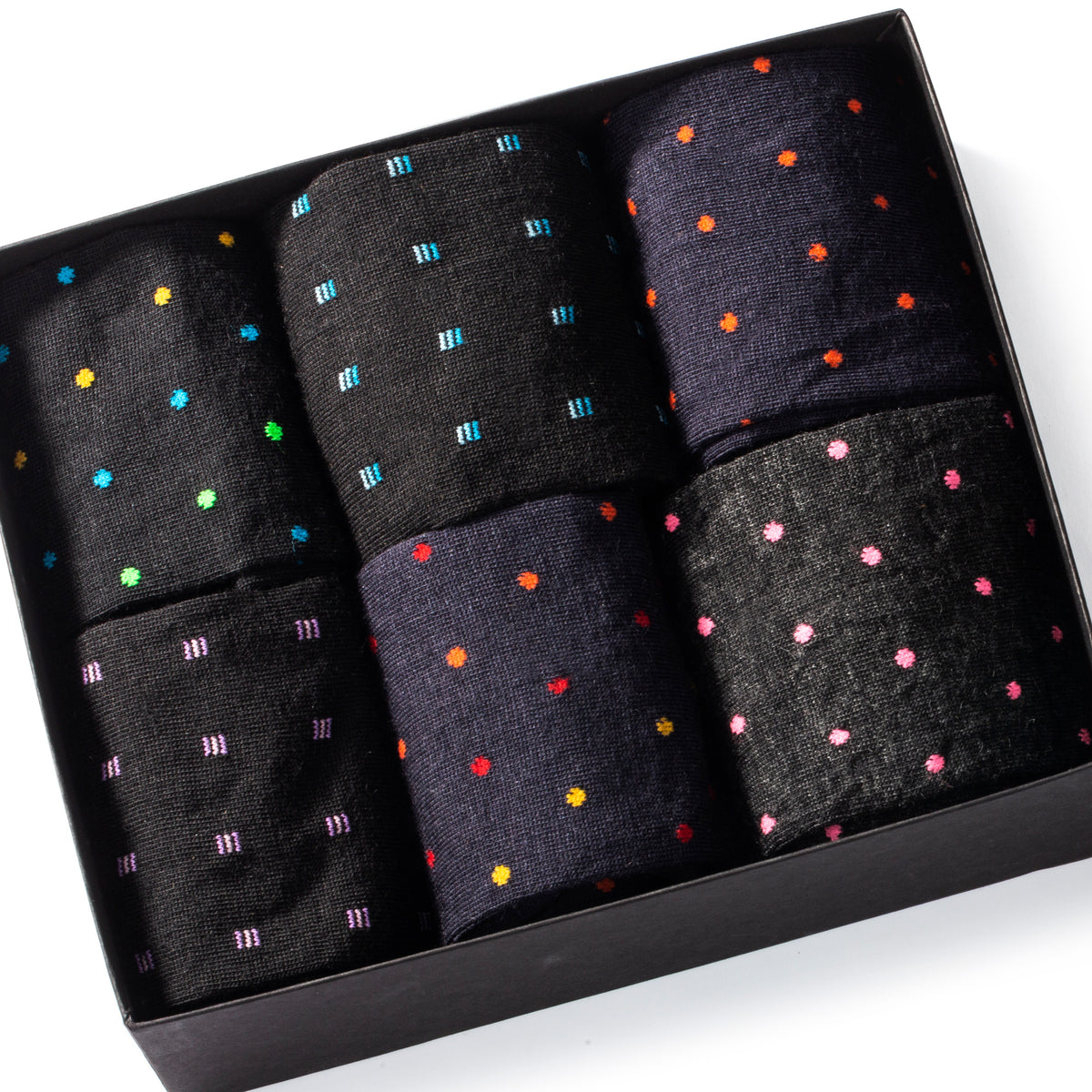 gift box filled with six pairs of colorful men&#39;s dress socks