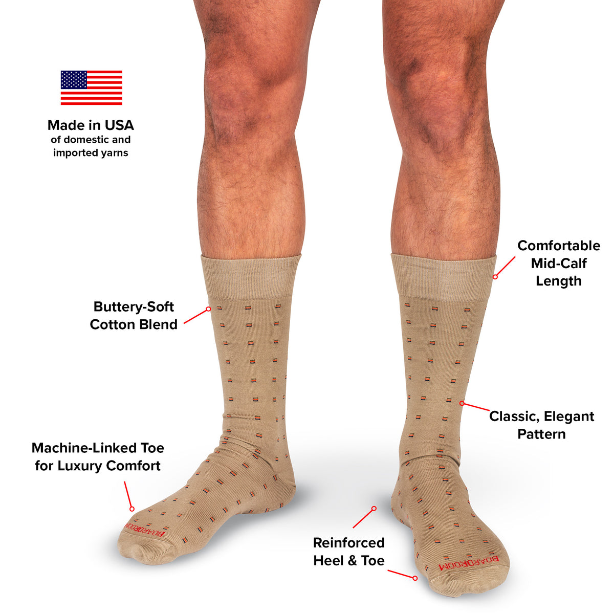 infographic detailing features and benefits of khaki cotton patterned dress socks from Boardroom Socks